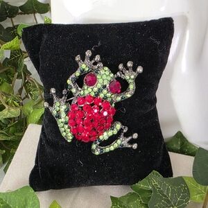 Gunmetal Red And Green Rhinestone Frog Brooch Pin